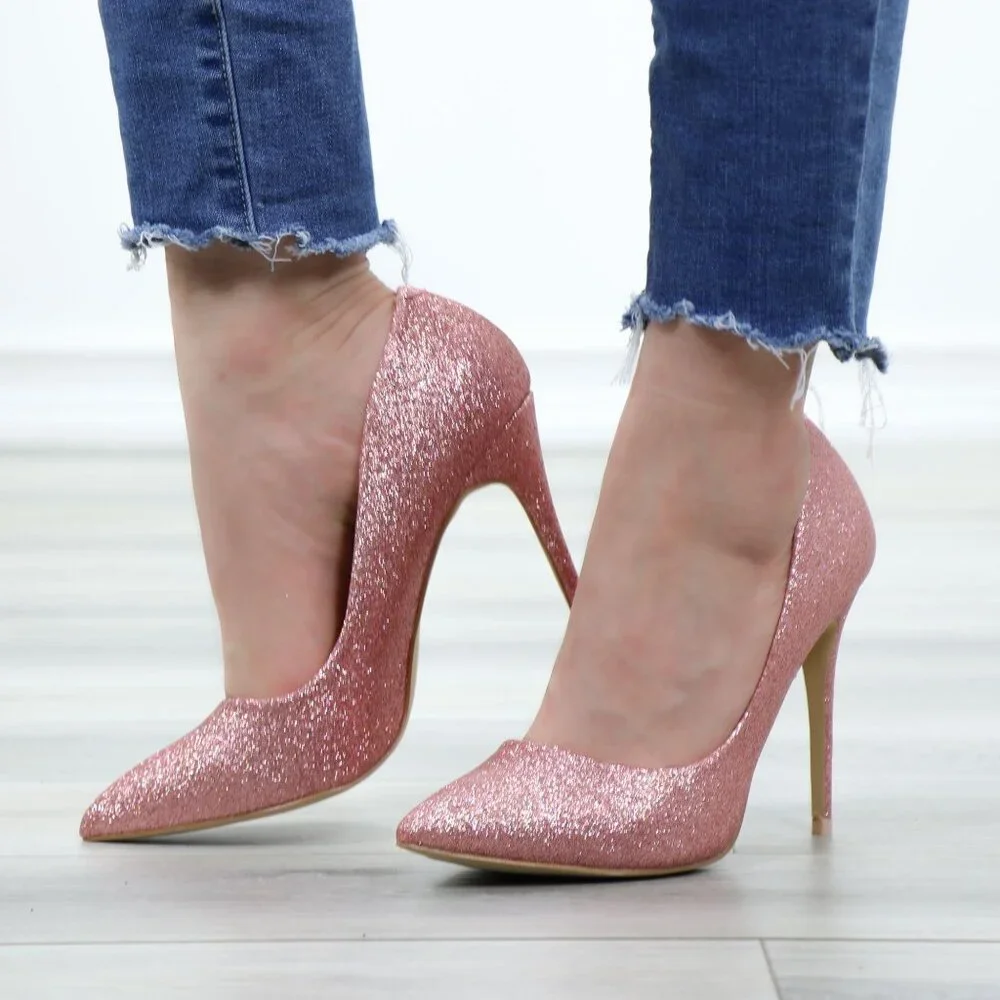 Pink Glitter Heels Pointed Toe Slip On Sparkly High Heel